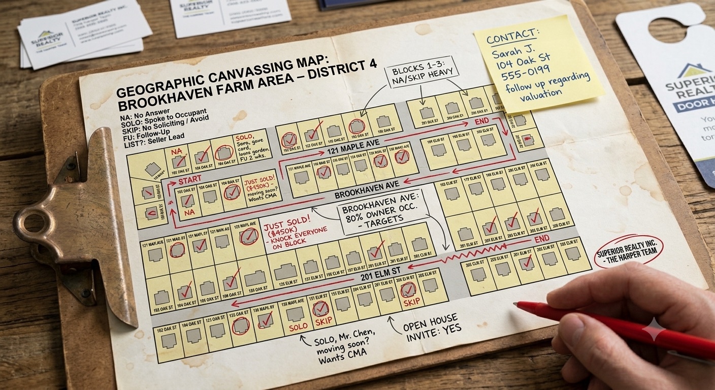 A hand-drawn door knocking canvassing map on a clipboard with tally marks, sticky notes and follow-up reminders